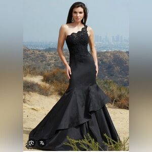 Mori Lee Black One Shoulder Lace Dress